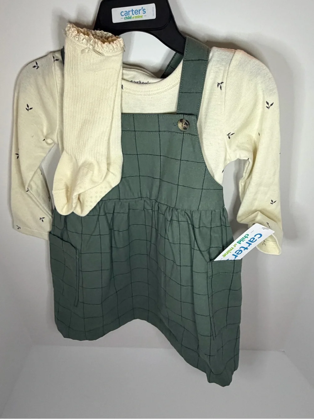 Carter's Green Windowpane Pinafore Dress with Cream Top